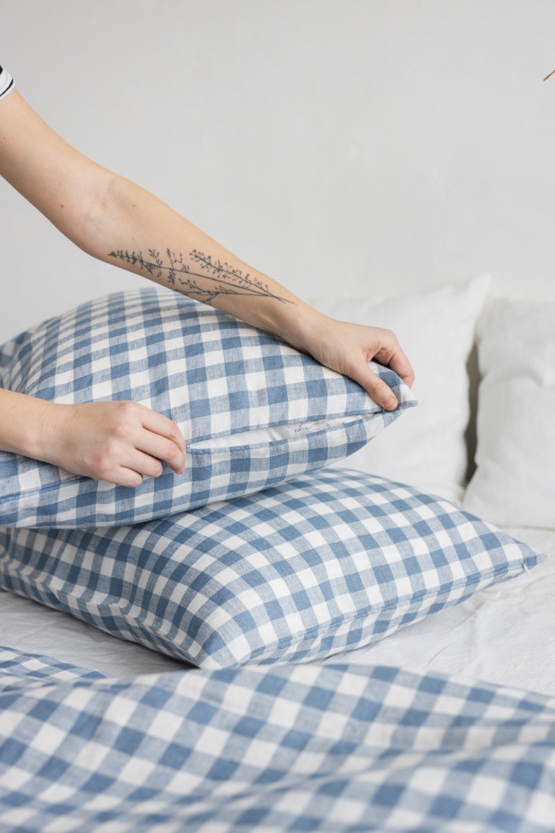 Gingham linen bedding set