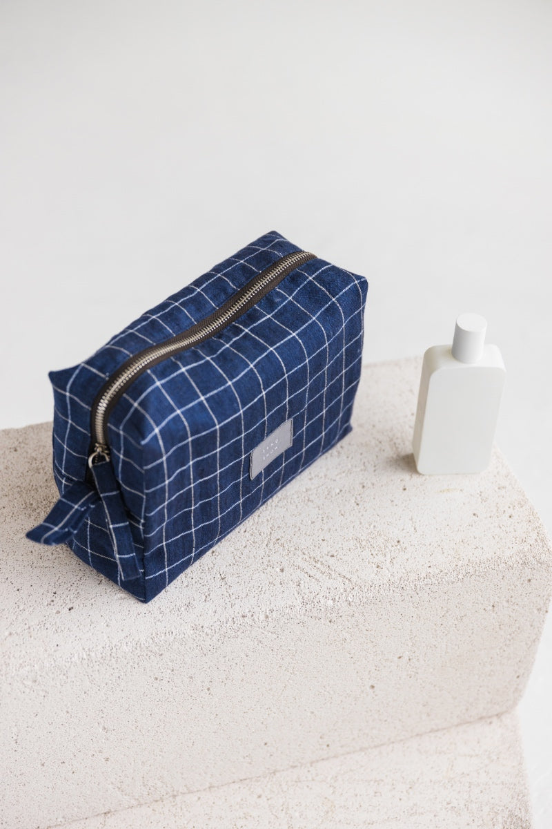 Navy Blue Windowpane Linen Makeup Bag