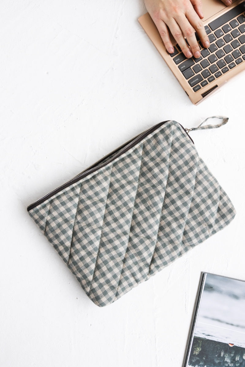 Grey Matters Computer Case Gray Green Gingham Linen Computer Case | SAND SNOW LINEN – Sand Snow Linen