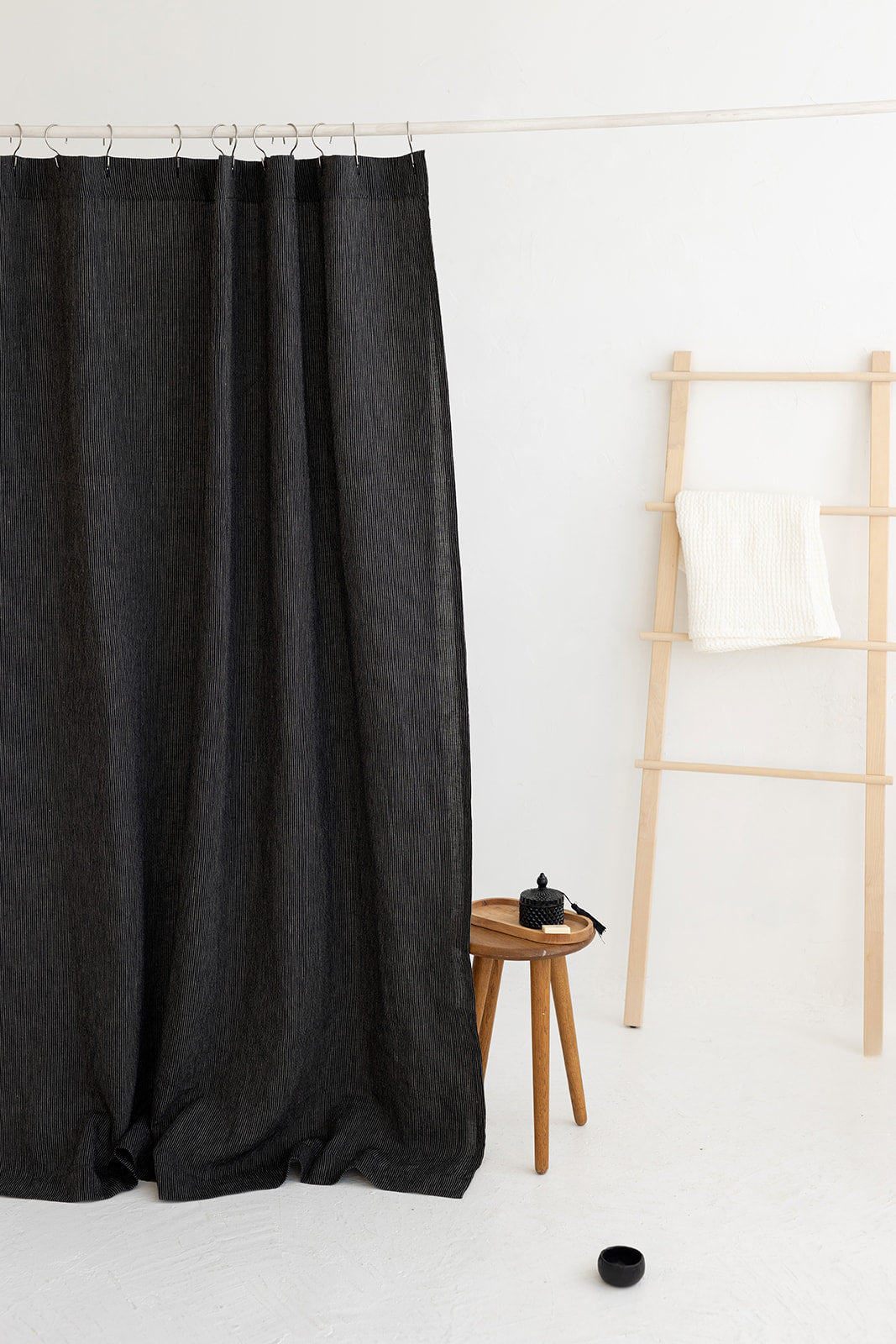 Waterproof Black Pinstripe Linen Shower Curtain 140cm / 55&