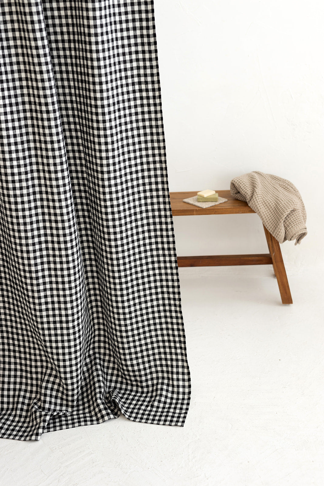 Waterproof Black Gingham Linen Shower Curtain 140cm / 55&