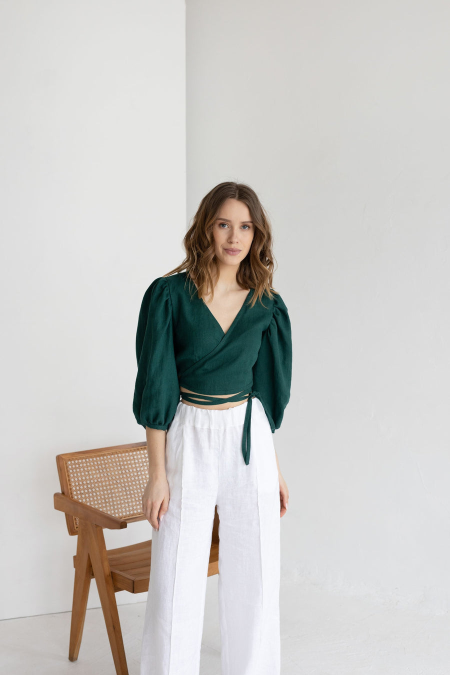 Emerald Linen Blouse With Puff Sleeves