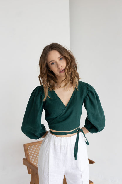 Emerald Linen Blouse With Puff Sleeves