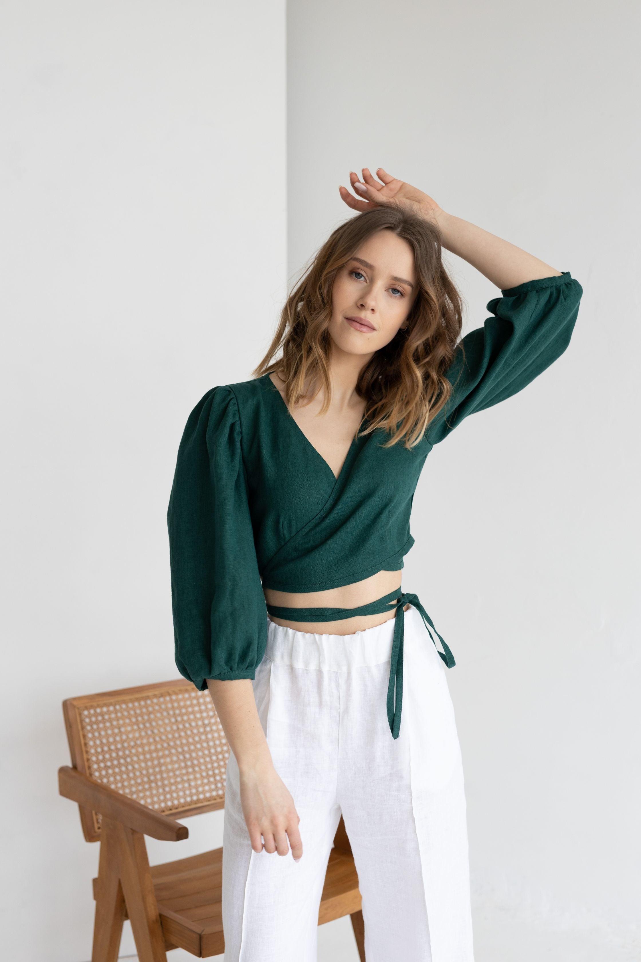 Emerald Linen Blouse With Puff Sleeves