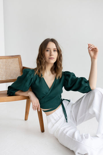 Emerald Linen Blouse With Puff Sleeves
