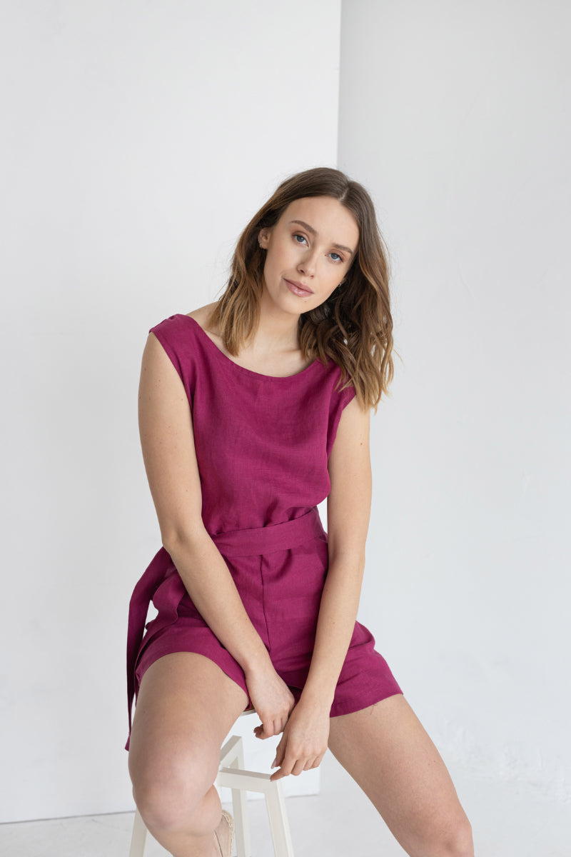 Fuschia Linen Jumpsuit With Belt