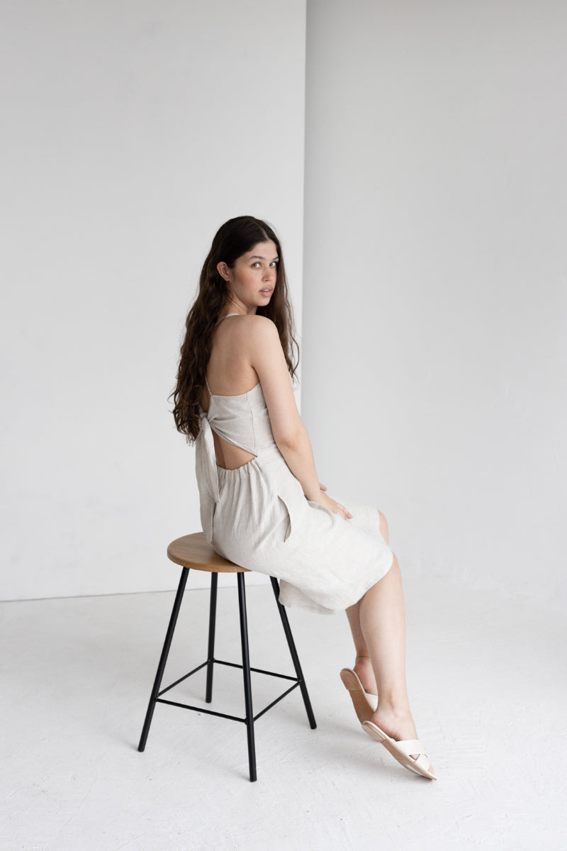 Natural Light Linen Dress With Back Tie Natural Light Linen Dress With Back Tie