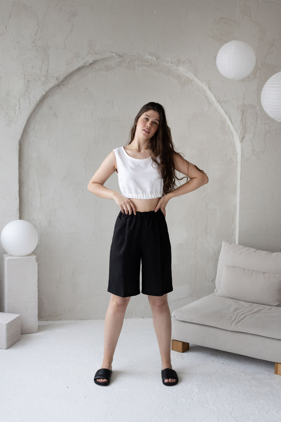 Rusty Wide-Leg Linen Bermuda Shorts With Crease Line