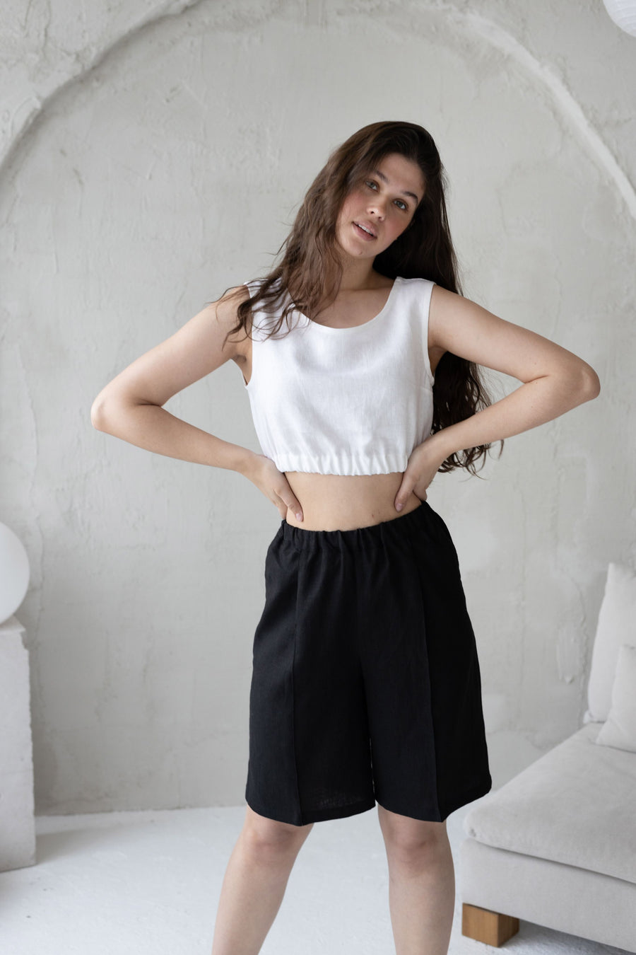 Black Wide-Leg Linen Bermuda Shorts With Crease Line