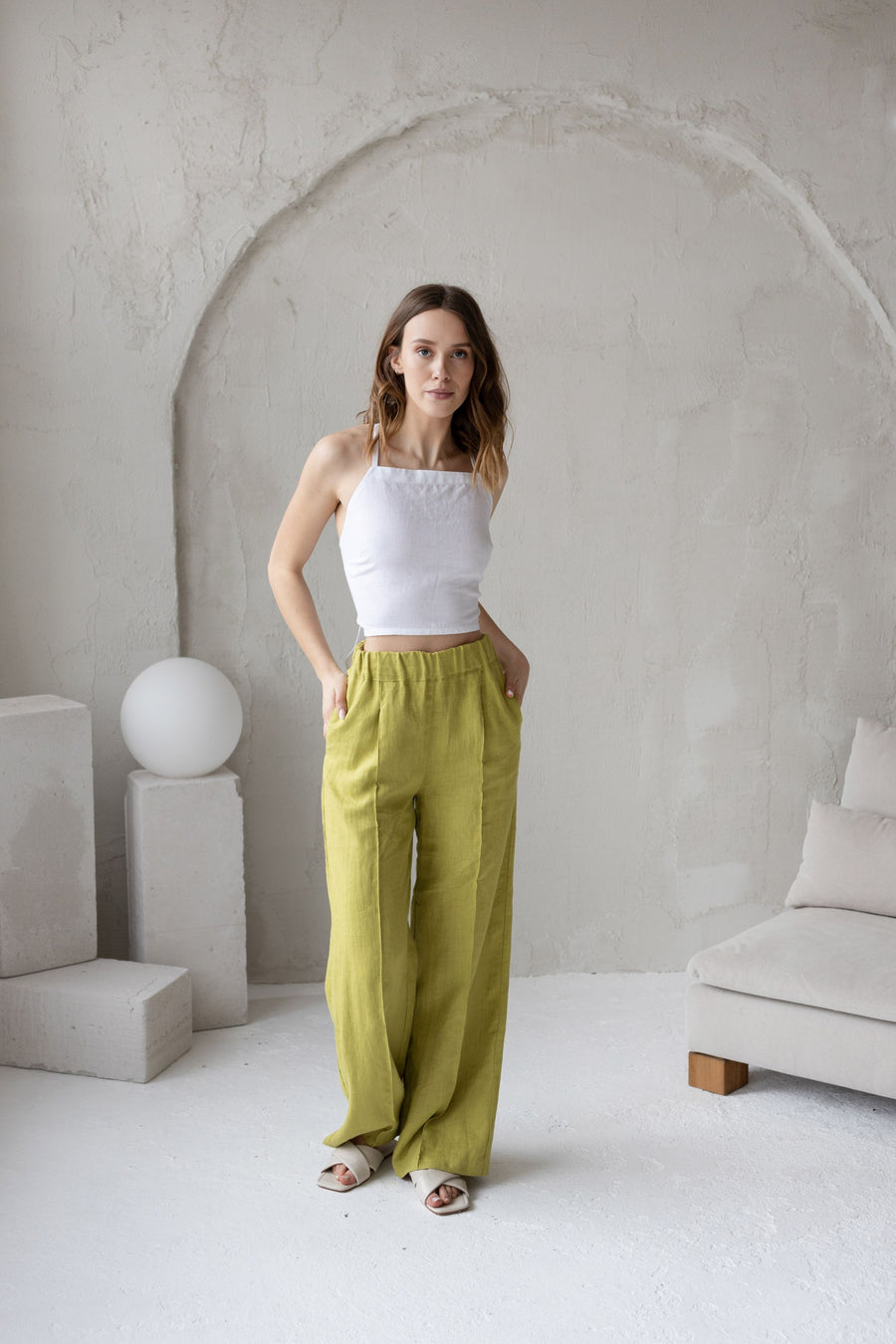 White Linen Crop Top With Open Crossed Back