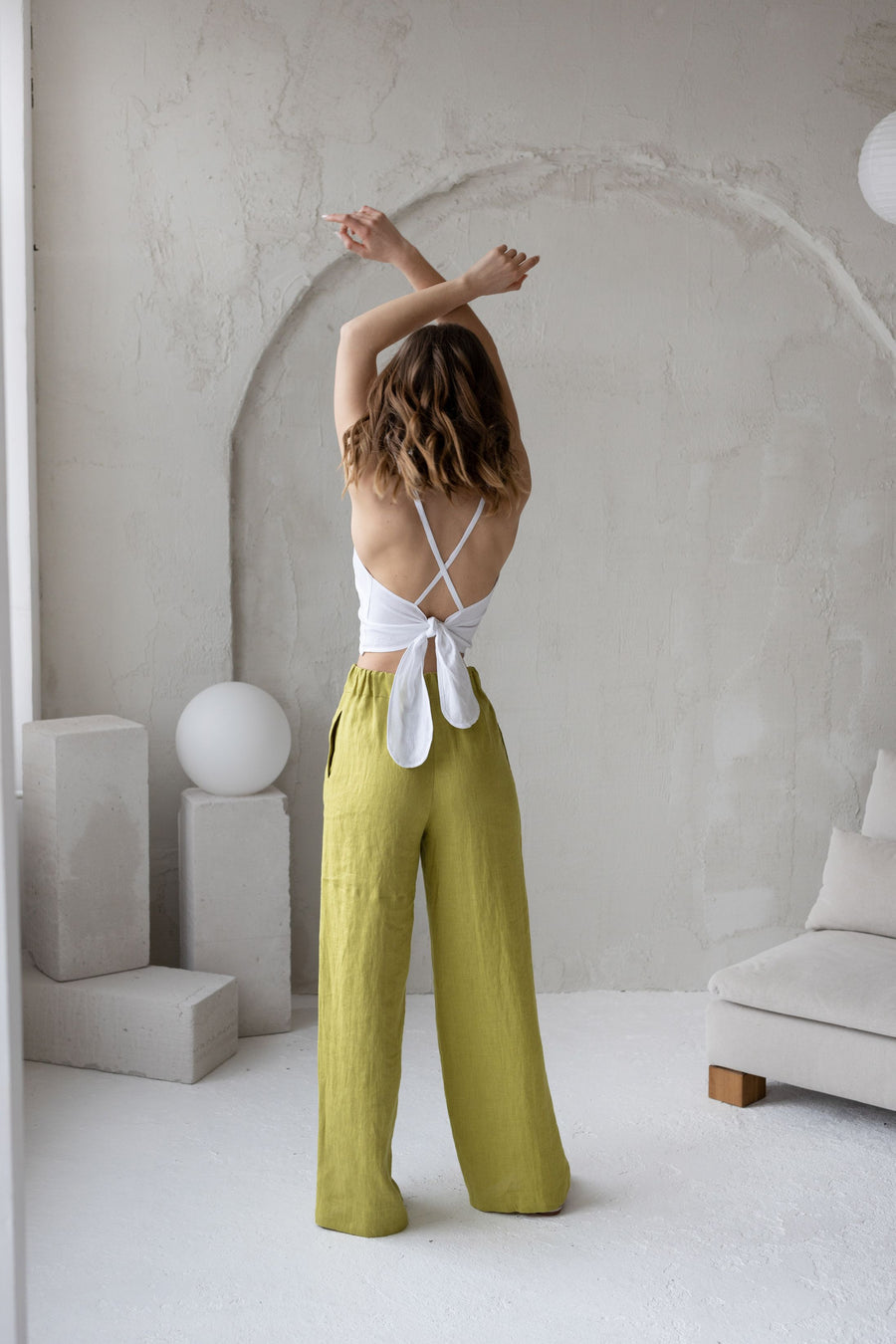 White Linen Crop Top With Open Crossed Back