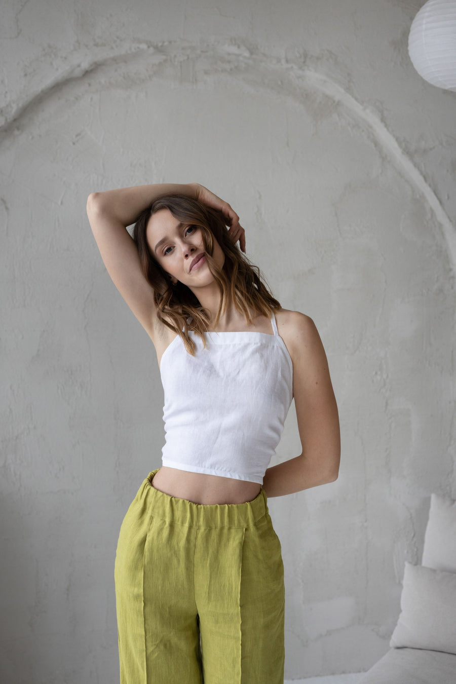 White Linen Crop Top With Open Crossed Back