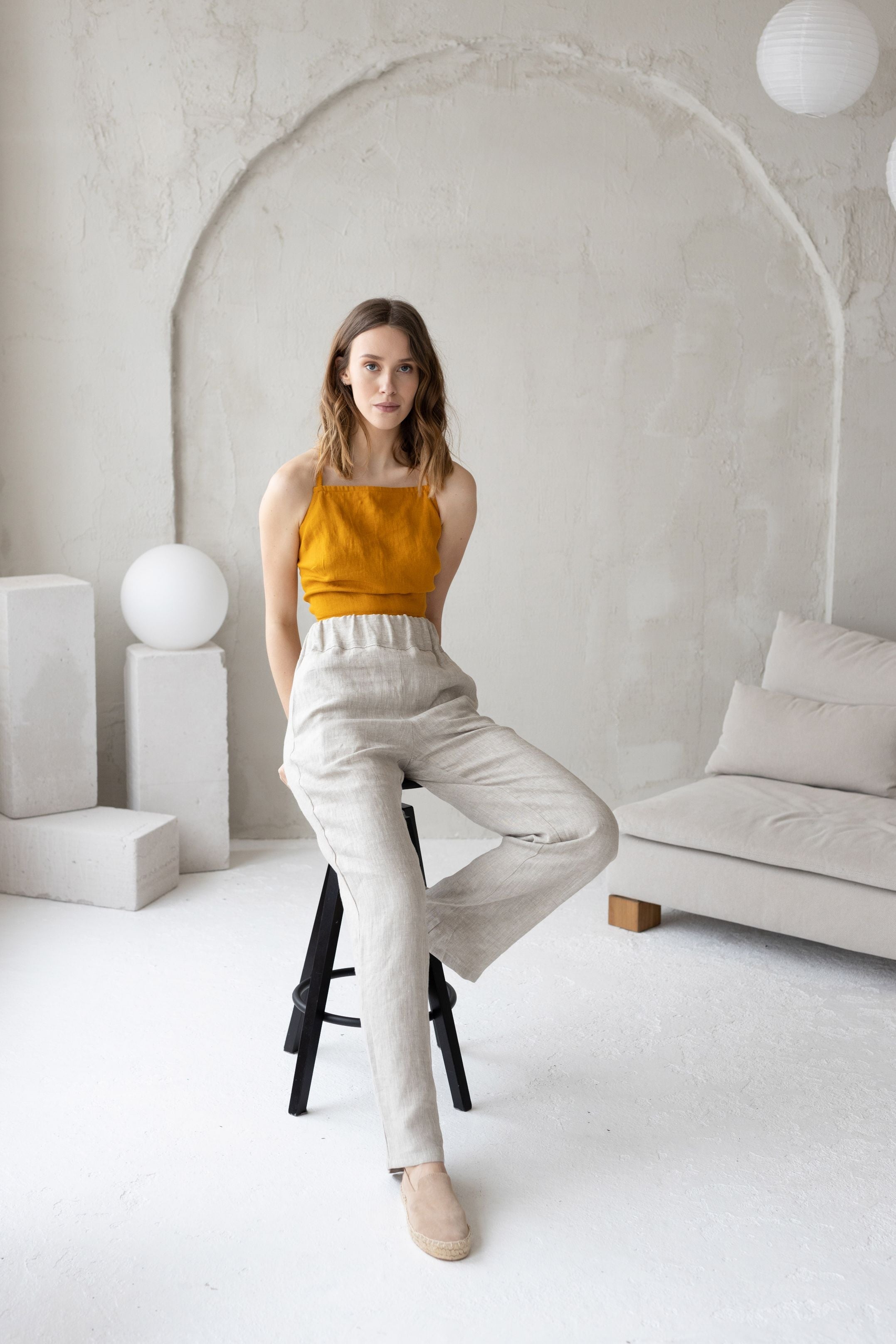 Mustard Linen Crop Top With Open Crossed Back
