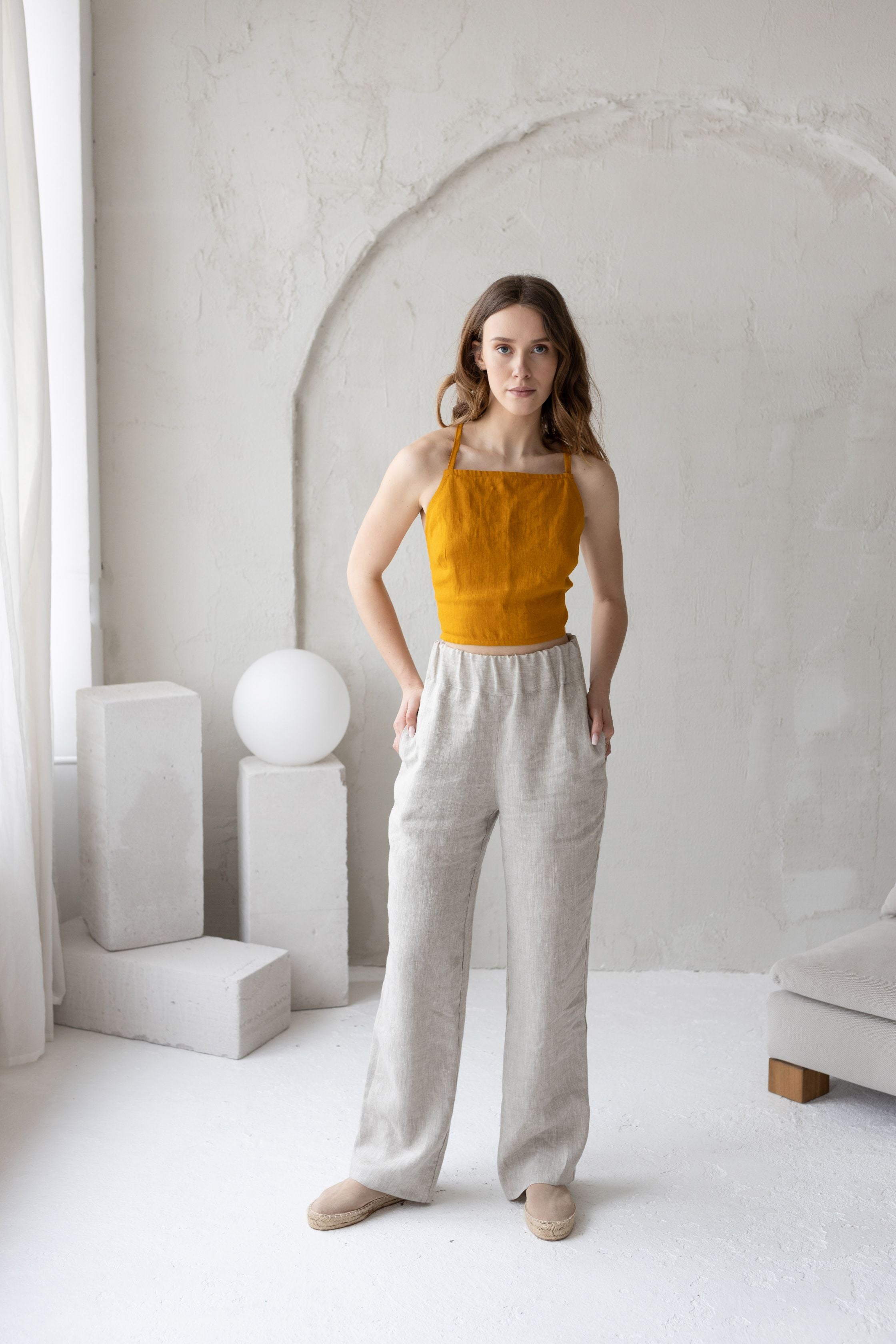 Mustard Linen Crop Top With Open Crossed Back