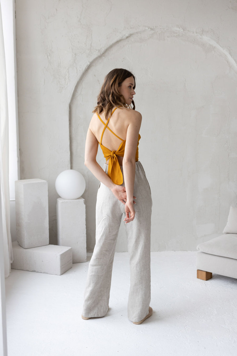 White Linen Crop Top With Open Crossed Back