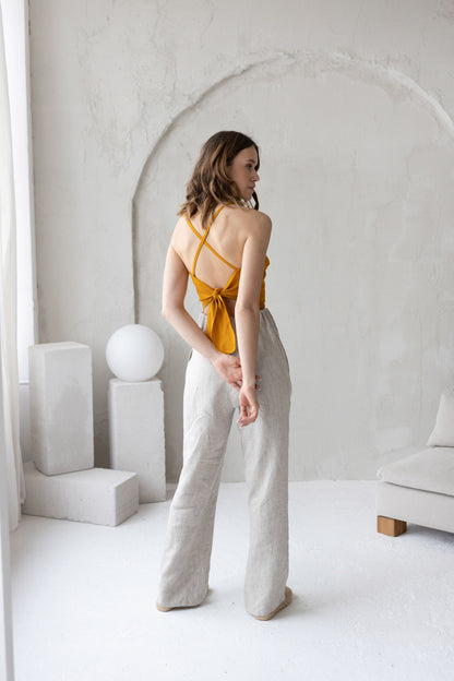 Mustard Linen Crop Top With Open Crossed Back
