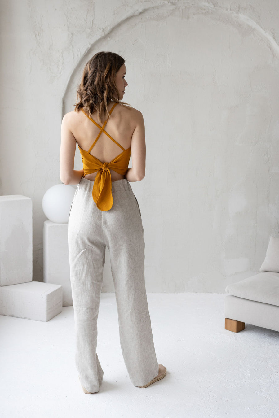 White Linen Crop Top With Open Crossed Back