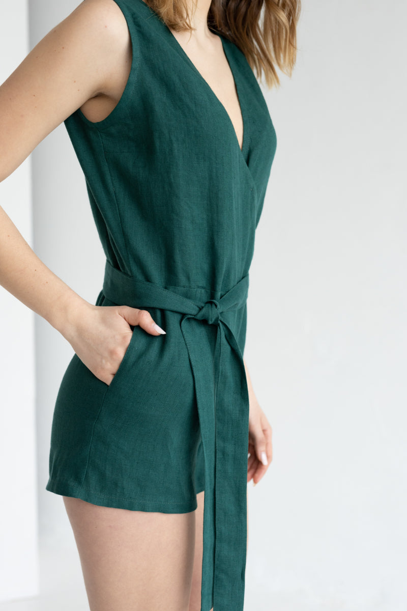 Emerald Linen Jumpsuit With Belt