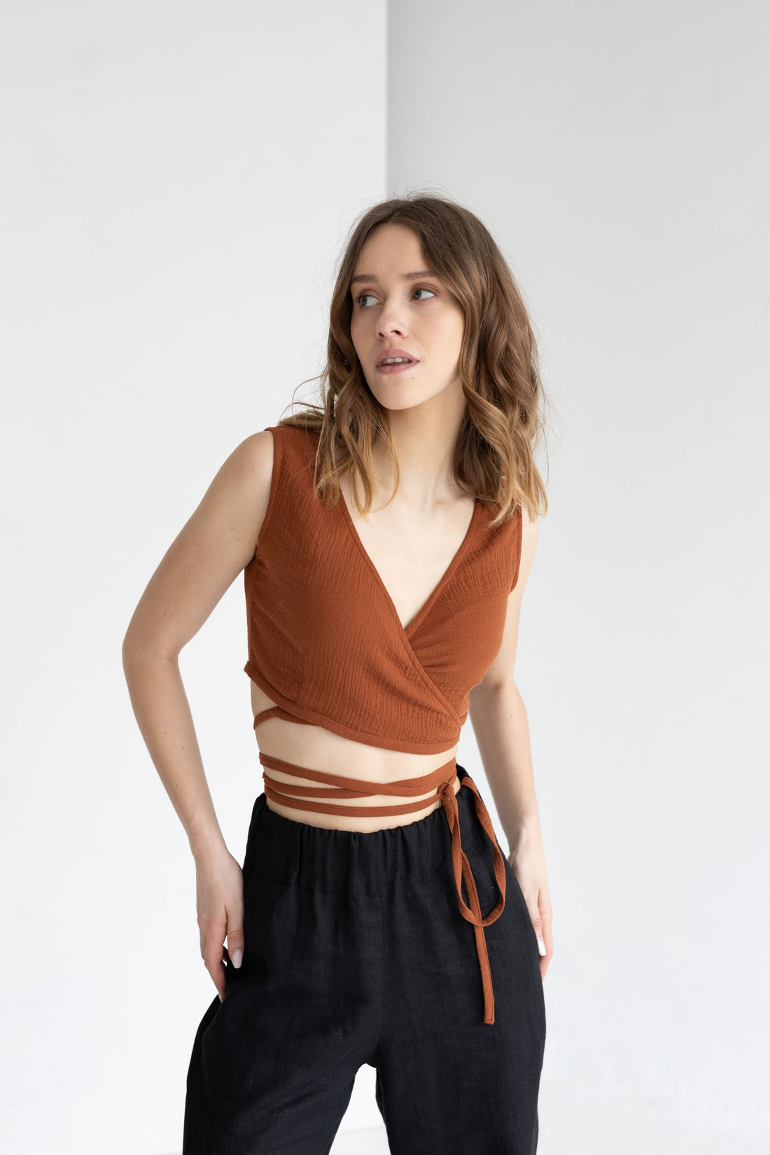 Terracotta Muslin Wrap Top With Ties