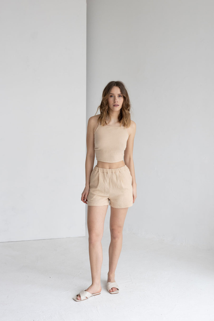 Ivory Muslin Crop Top and Shorts Set