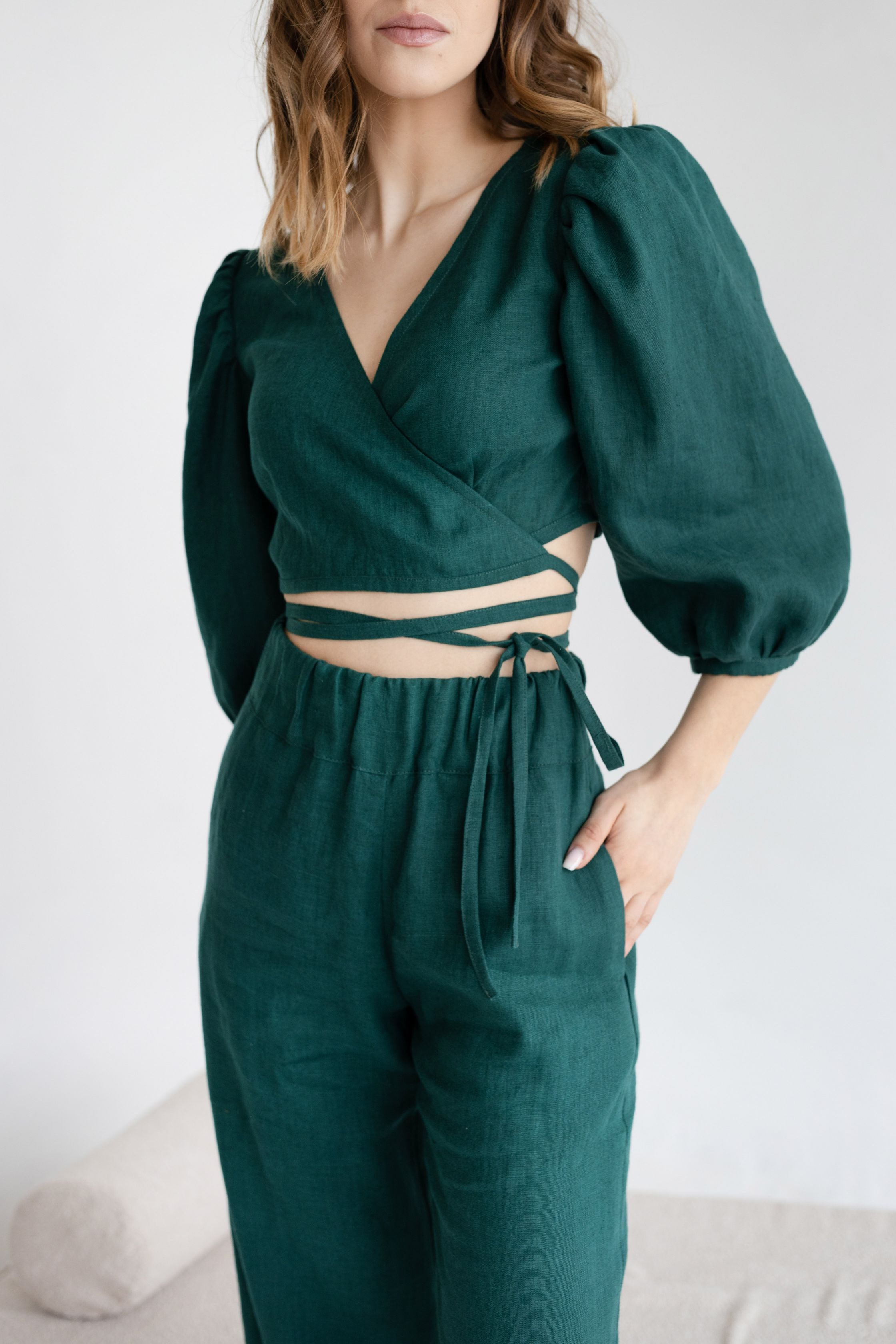 Emerald Linen Blouse With Puff Sleeves