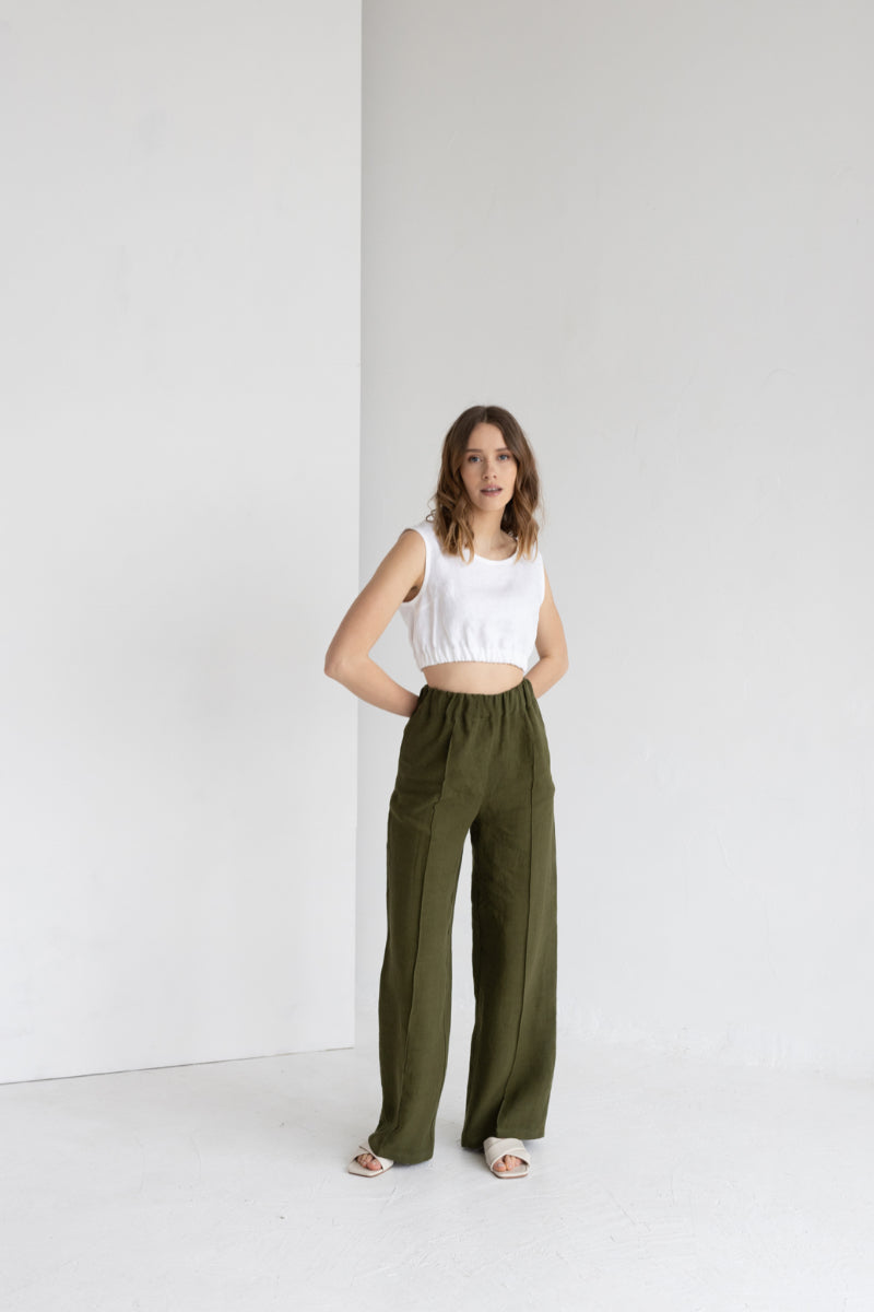 green linen pants with crease