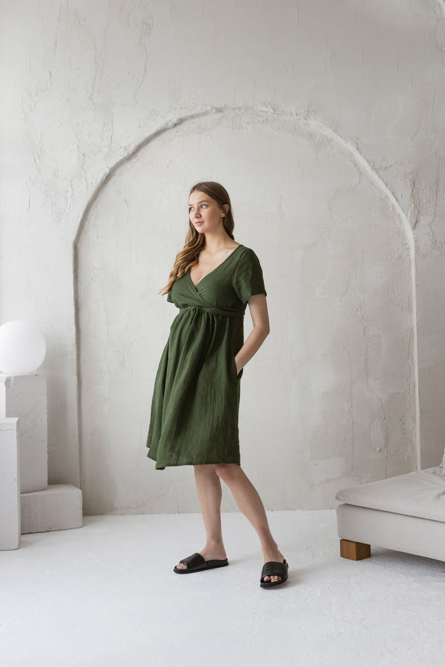 Dark Green Linen Maternity Dress