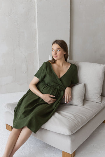 Dark Green Linen Maternity Dress