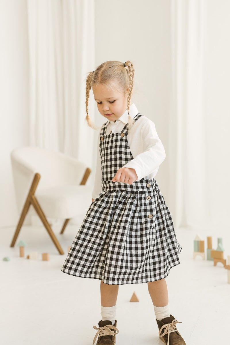 Black Gingham Girls Linen Pinafore Dress | SAND SNOW LINEN – Sand