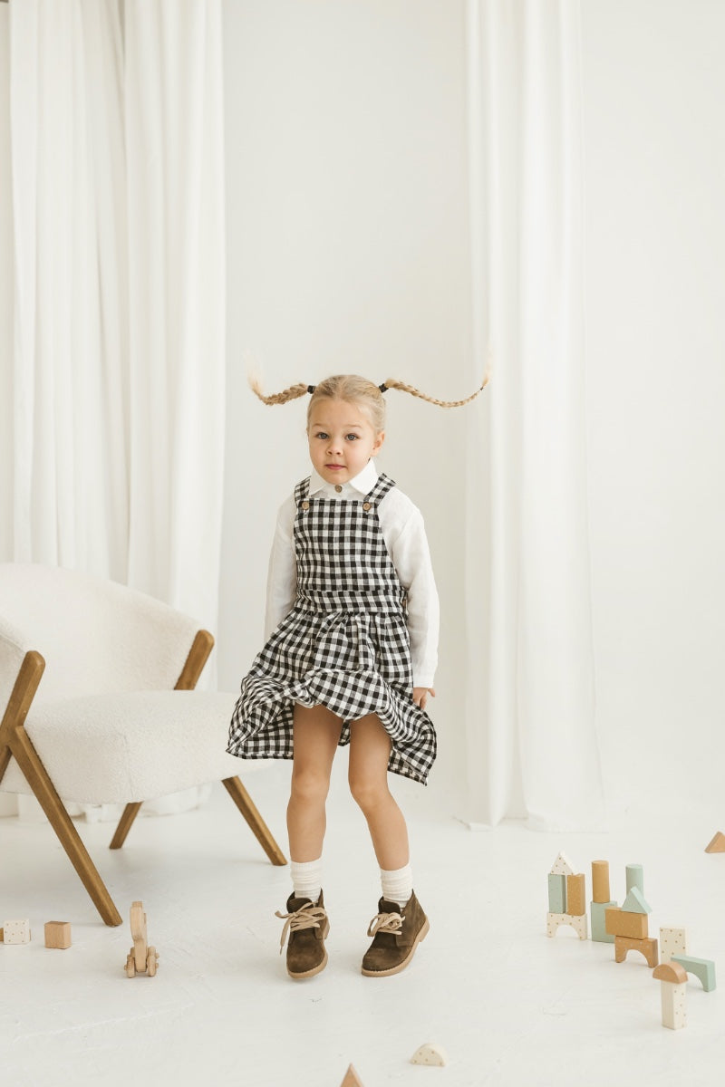 Black Gingham Girls Linen Pinafore Dress