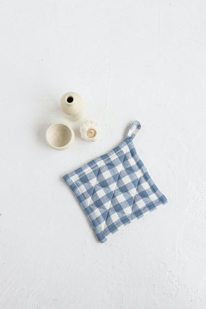 blue gingham linen oven mitt and linen pot holder