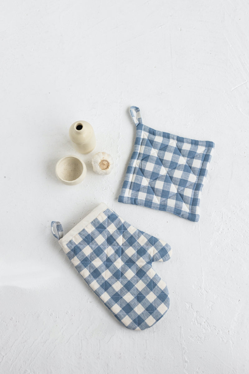 blue gingham linen oven mitt and linen pot holder