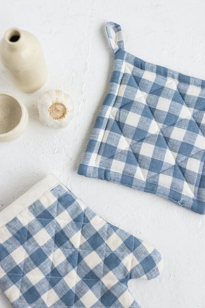 blue gingham linen oven mitt and linen pot holder