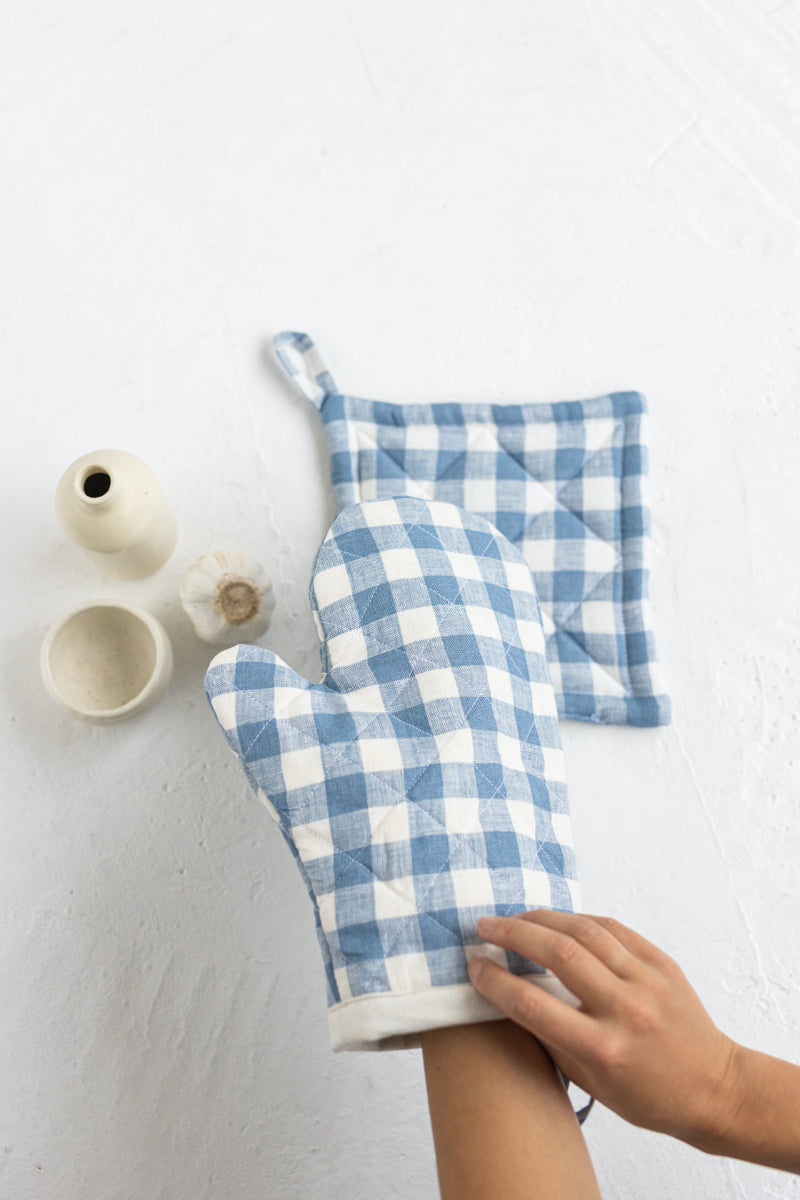 blue gingham linen oven mitt and linen pot holder