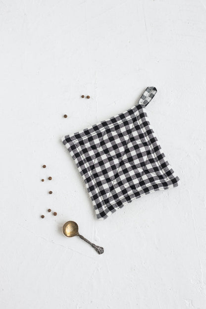 black gingham linen oven mitt and linen pot holder