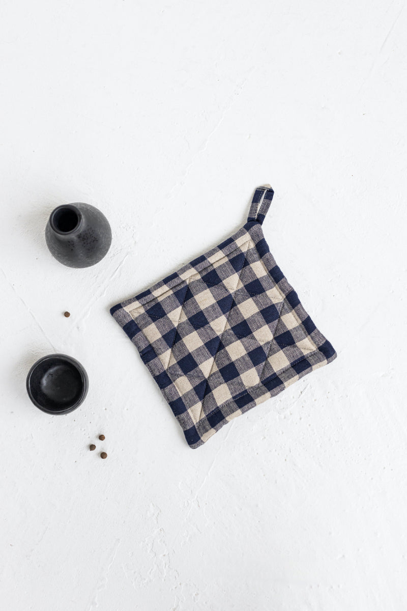 blue gingham linen oven mitt and linen pot holder