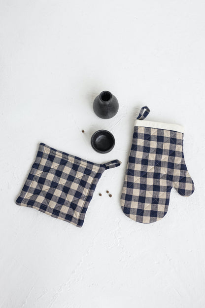 blue gingham linen oven mitt and linen pot holder