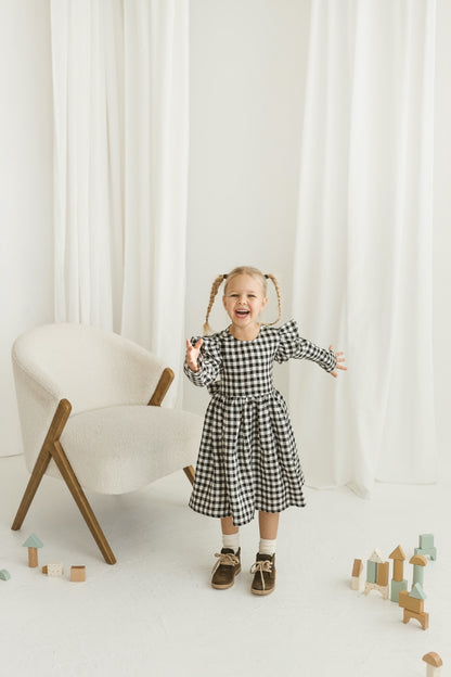 black gingham linen girls dress