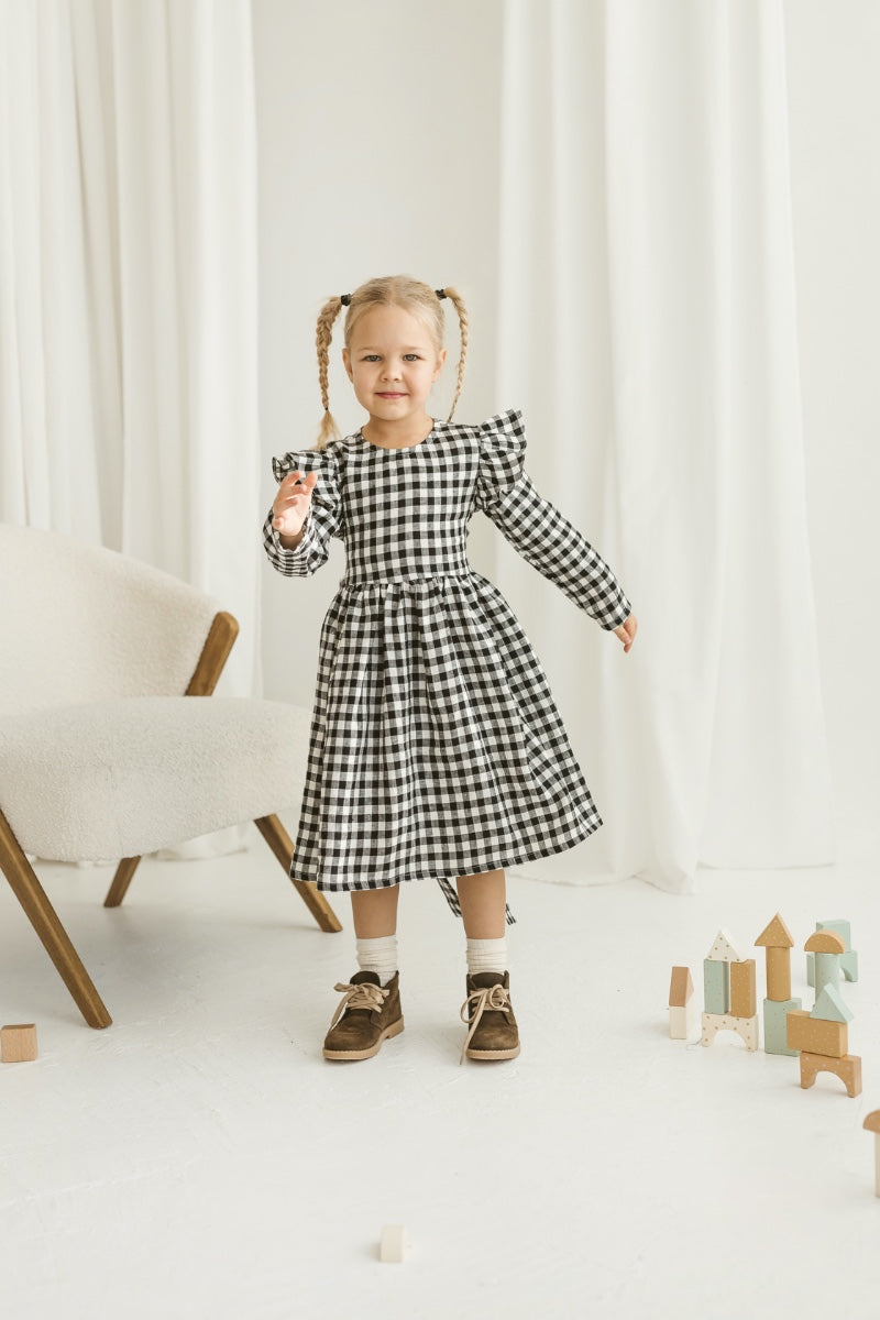 black gingham linen girls dress