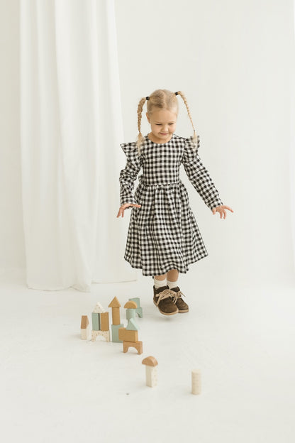 black gingham linen girls dress