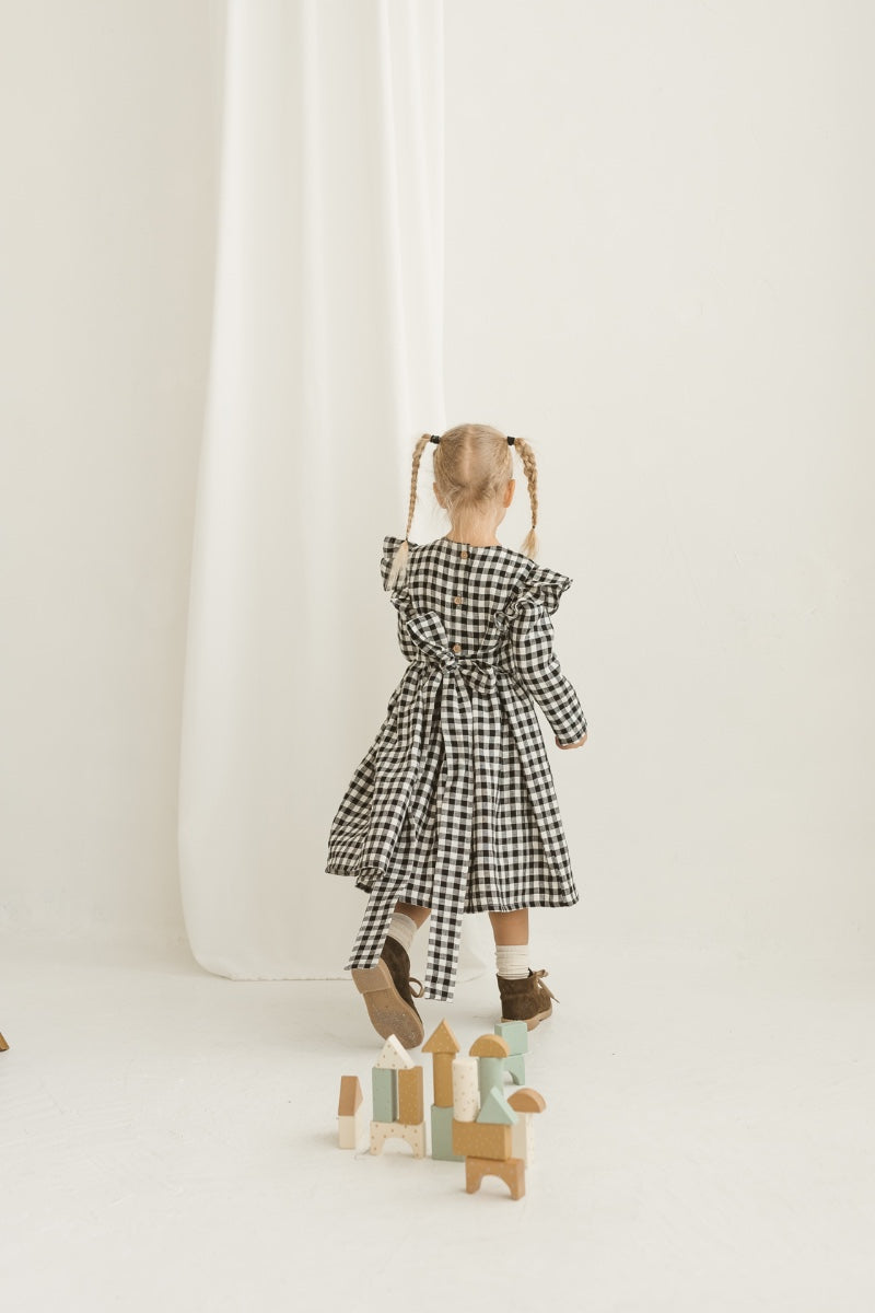 black gingham linen girls dress
