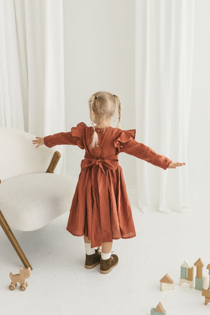 Rusty linen girls dress with ruffles for Christmas