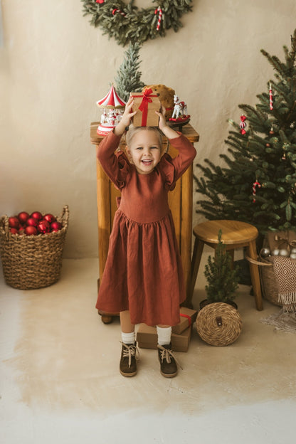 Rusty linen girls dress with ruffles for Christmas