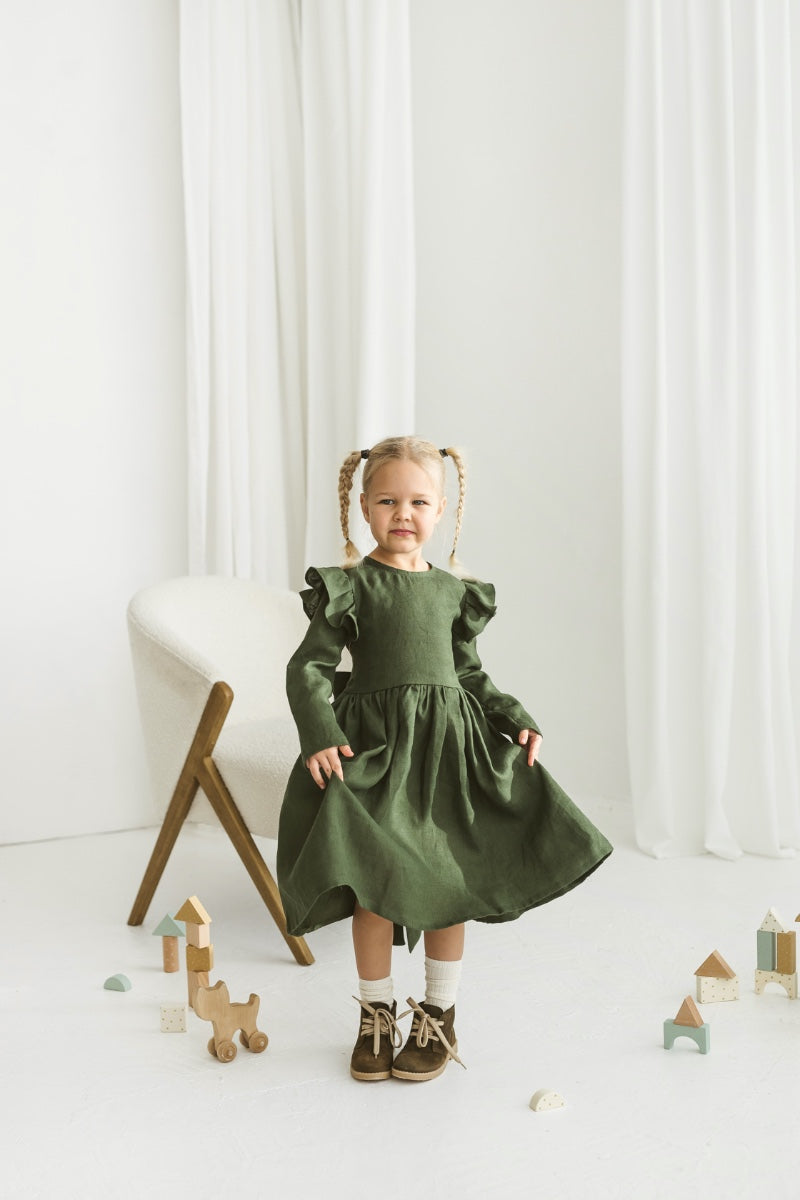 Dark green linen girls dress with ruffles