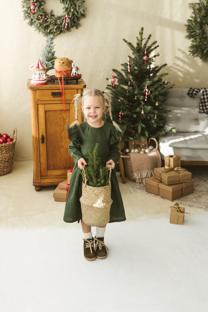 Dark green linen girls dress with ruffles for Christmas