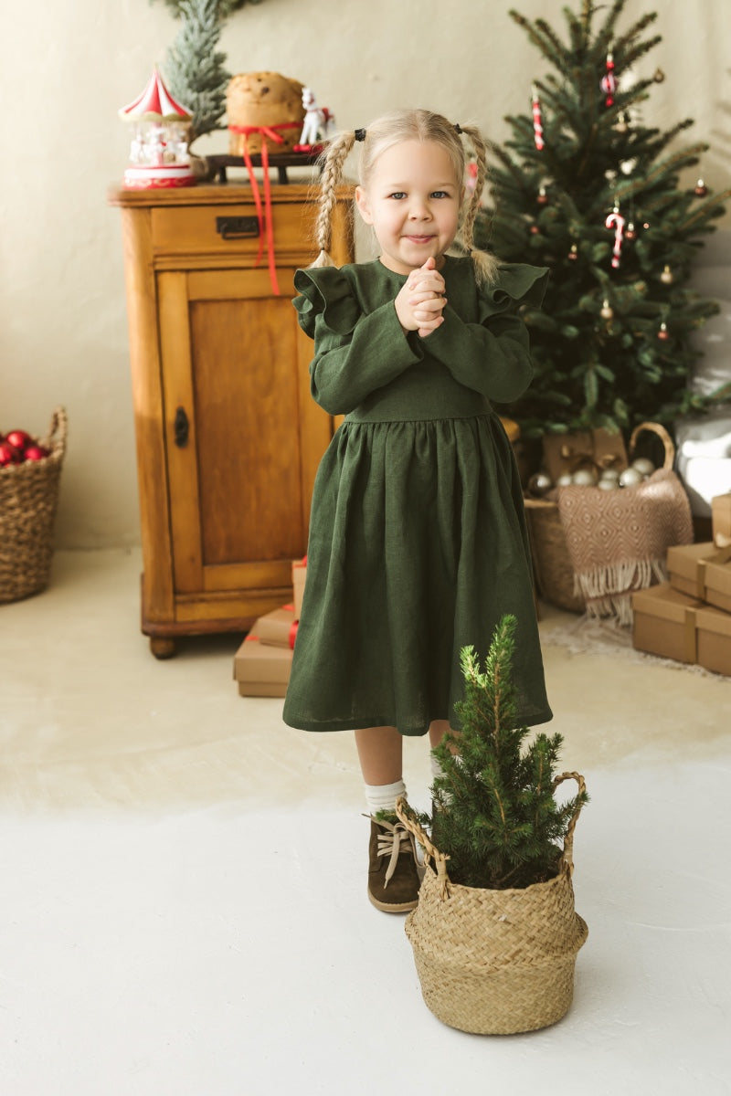 Dark green linen girls dress with ruffles for Christmas