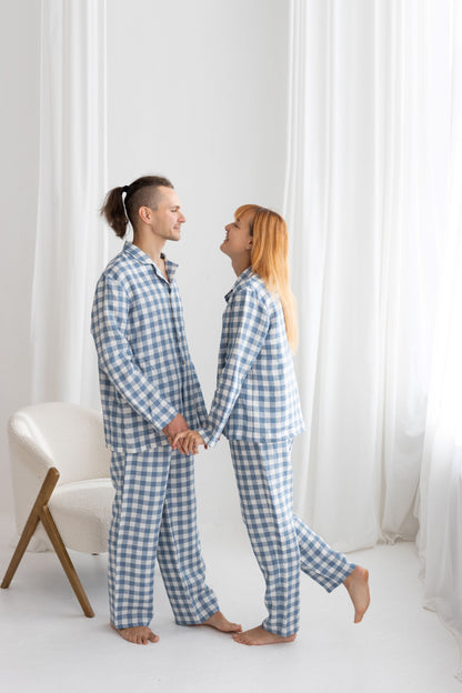Light Blue Gingham Linen Pajama For Men