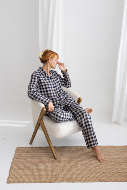 Deep Blue Gingham Linen Pajama Set For Couple