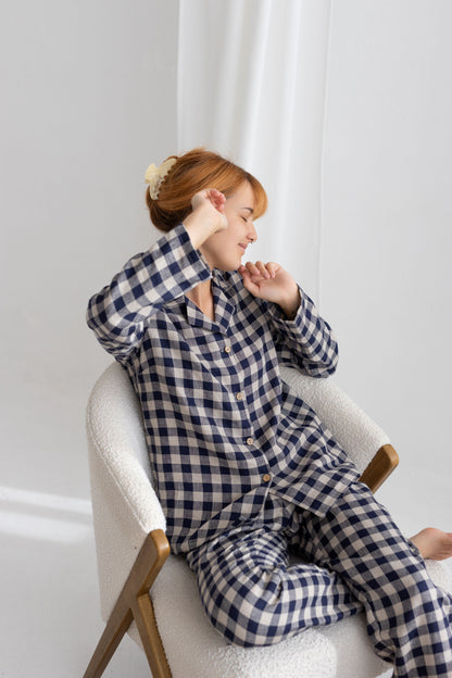 Deep Blue Gingham linen pajama set
