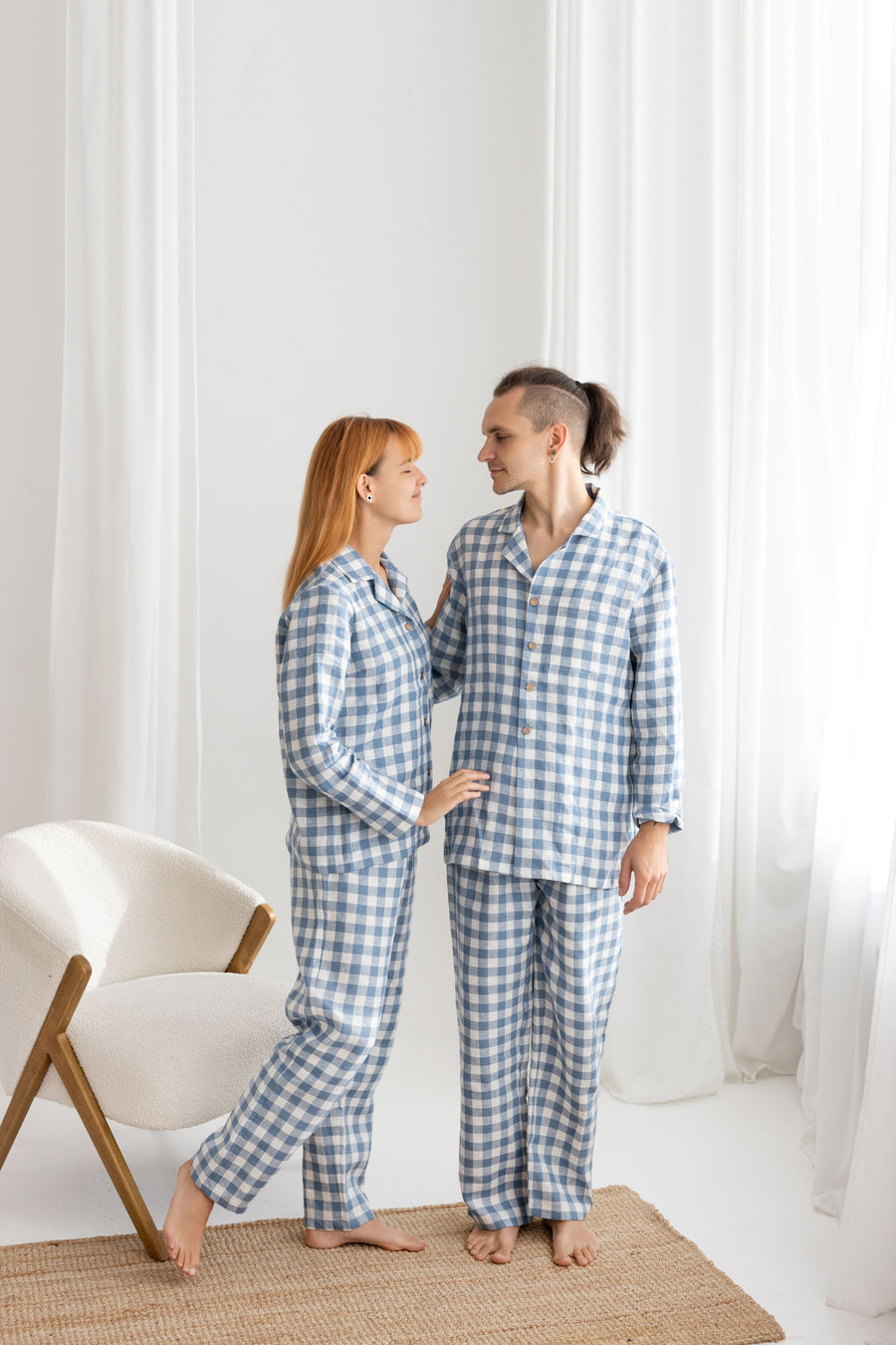 Light Blue Gingham Linen Pajama Set For Couple